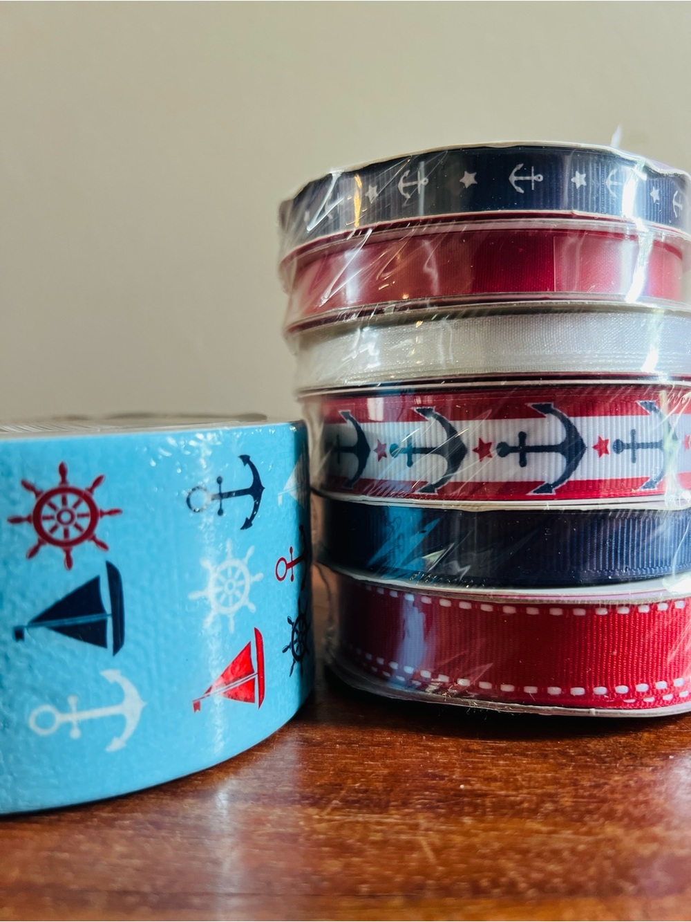 3/$12 NWT 7 Rolls of Nautical Red, White, & Blue Ribbon & Tape for Crafting